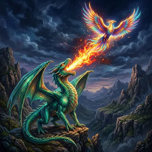Majestic Green Dragon with Fiery Phoenix