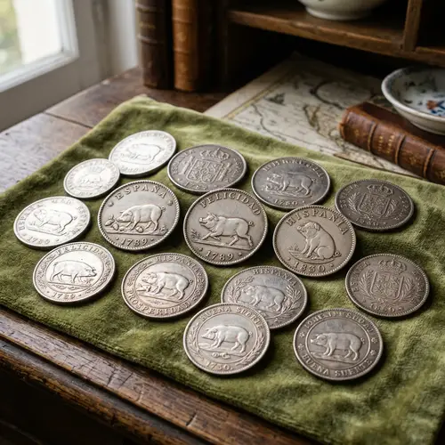 Intricately Designed Spanish Coins with Engraved Pigs