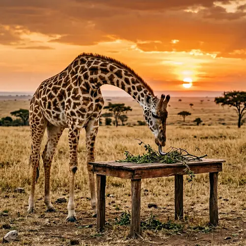 Giraffe Munching on Table in Savanna