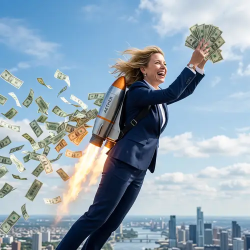 Caucasian CEO Soaring with Jetpack | Money Trail in Sky