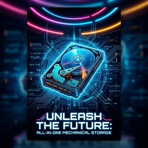 Futuristic Cyberpunk Poster with Mechanical Hard Disk in Virtual Cyberspace