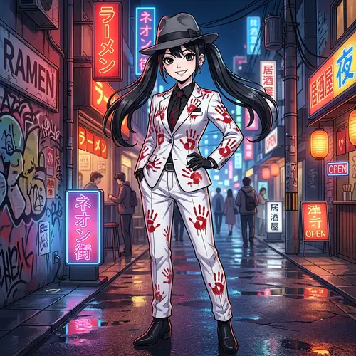 Anime Character with Black Pigtails in White Suit and Red Handprints