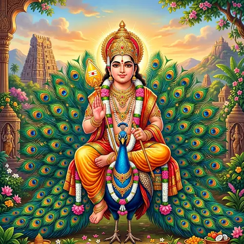 Lord Subramanya on Peacock: Divine Serenity and Vibrant Bliss