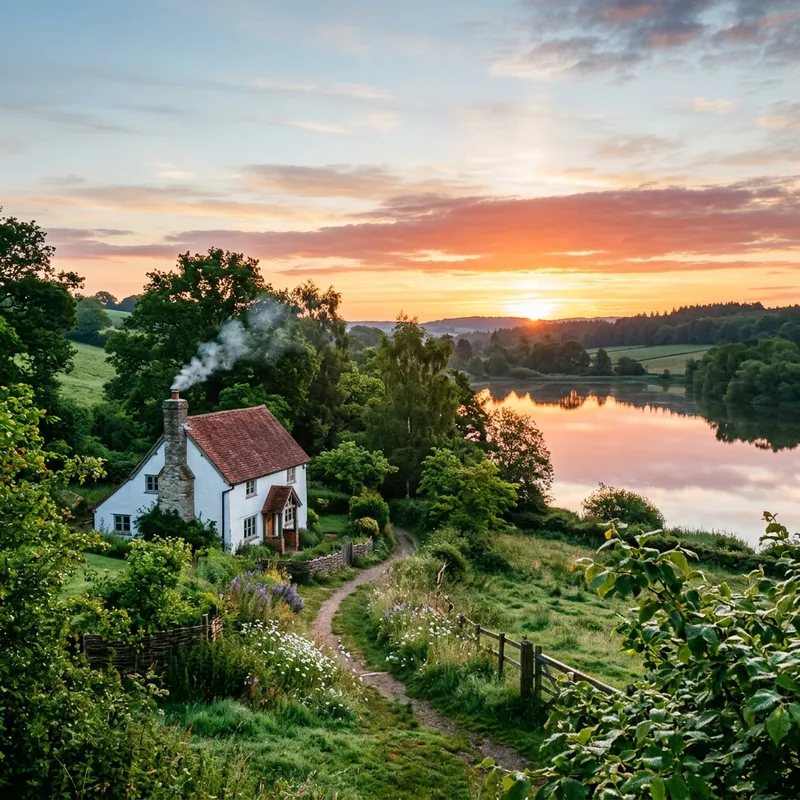 Serene Sunny Morning - Tranquil Landscape & Lakeside Cottage