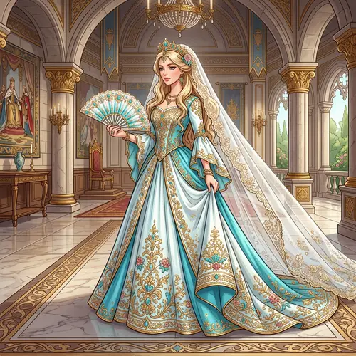 Blonde Empress Walking in Royal Palace | Elegant Fan & Gown