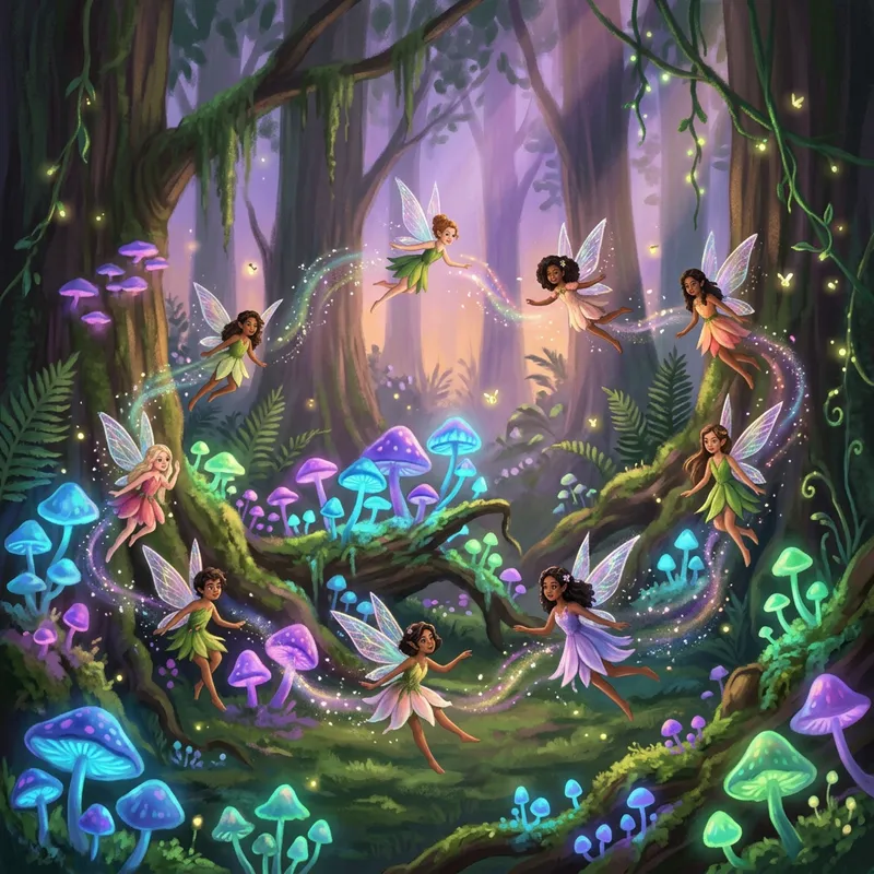 Enchanting Forest with Glowing Mushrooms & Fairies