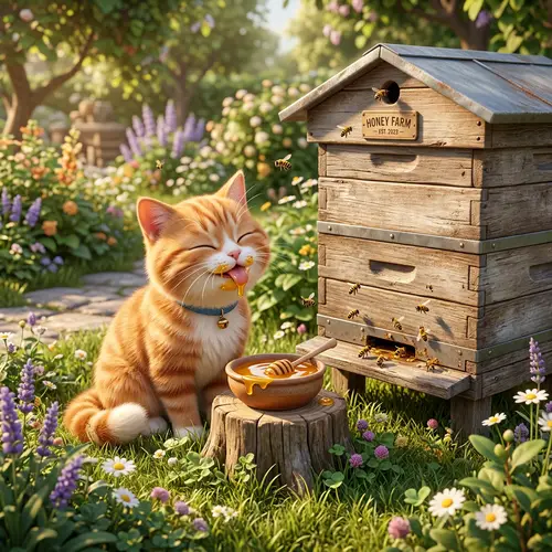 3D Cat Enjoying Honey by Beehive