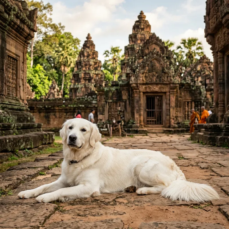 Golden Retriever Dog at Dzeren Dra Temple - Serene Pose