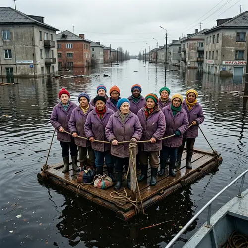 Elderly Women on a Raft During City Flooding