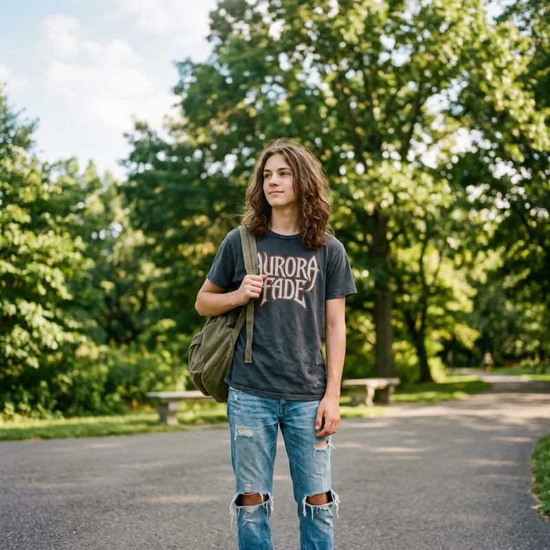 Stylish Teenager with Long Brown Hair in Serene Park Setting Stylish Teenager with Long Brown Hair in Serene Park Setting