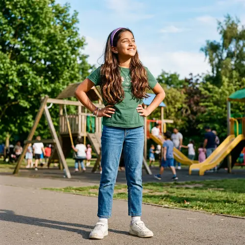 12-Year Old Girl with Brown Hair in Sunny Park | Kids Playground