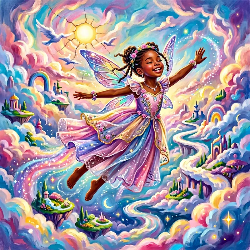 African Princess Child Fairy in Dreamy Pastel-Colored Sky