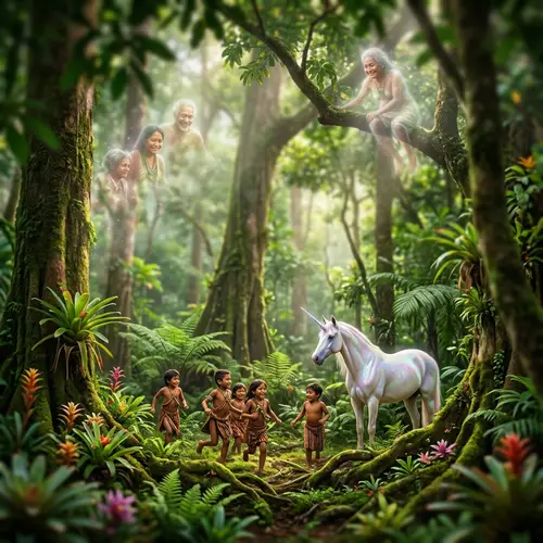 Mystical Unicorn in Lush Forest: Dreamlike scene with Indigenous Children