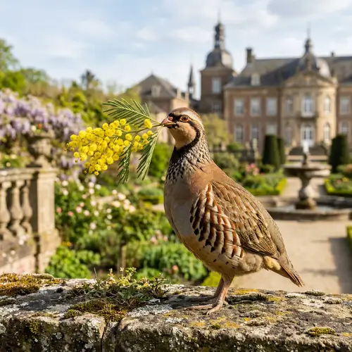 Royal Partridge with Mimosa Branch
