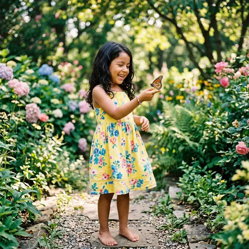 Joyful Hispanic Girl in Yellow Summer Dress Playing with Butterfly
