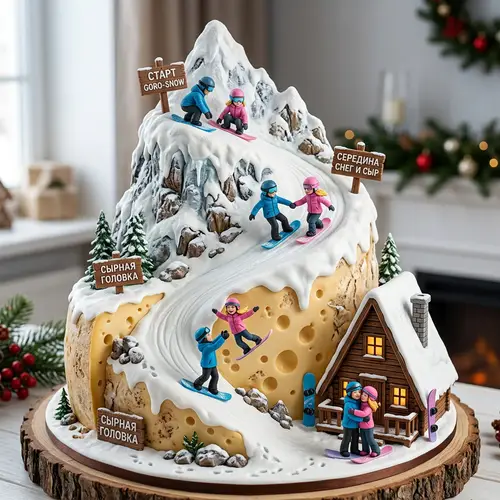 Whimsical Snow Mountain Cake with Cheese Base