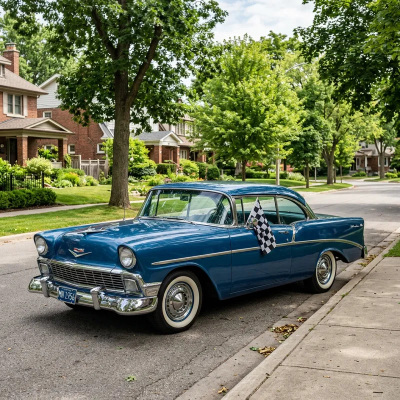 Classic Blue Coupe Style Car on Peaceful Suburban Street
