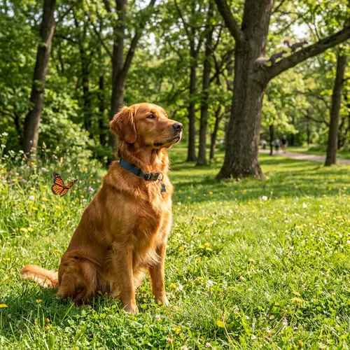 Tranquil Scene of a Dog in Sunlit Park Watching Squirrels