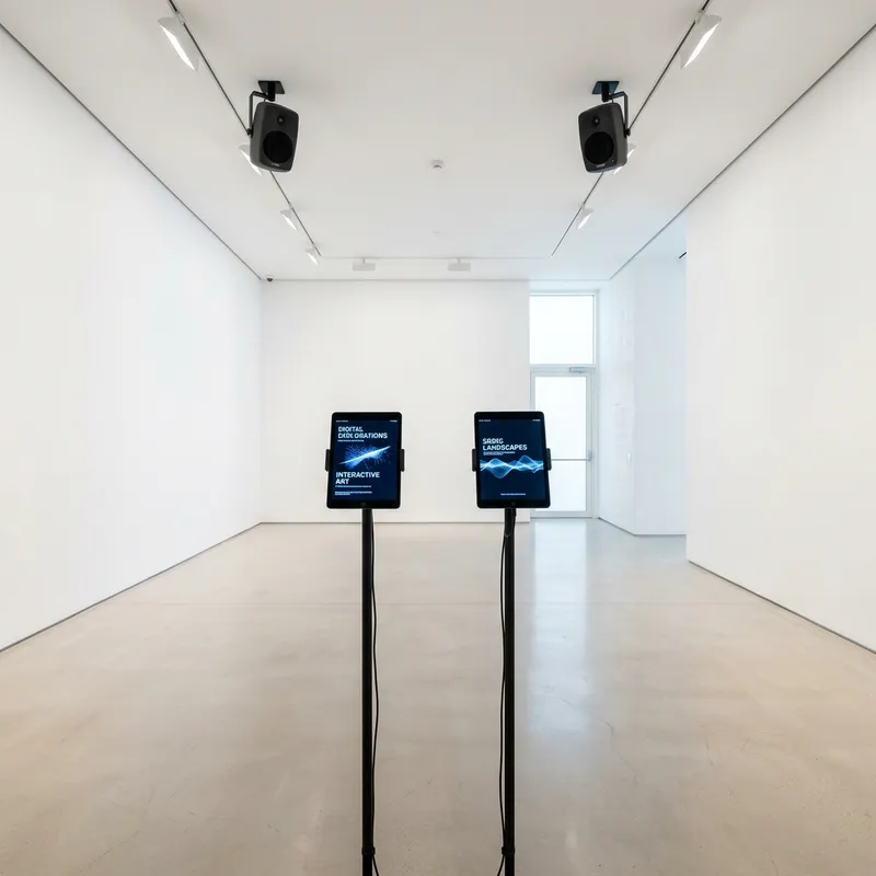 White Empty Exhibition Room with iPads and Speakers