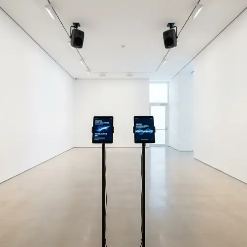 Minimalistic Exhibition Room with iPads and Speakers