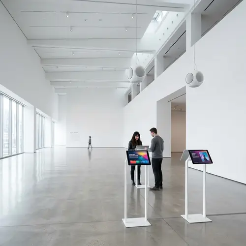 Spacious White Exhibition Space with iPads and Speakers