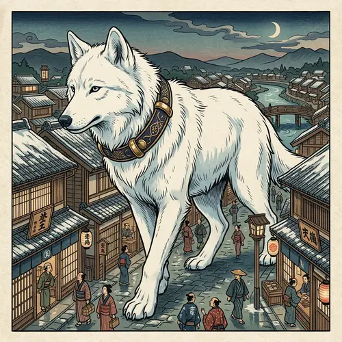 Giant Snow White Wolf in Urban Landscape - Peaceful Co-existence