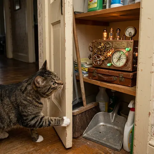 Adventure Awaits: Cat Discovers Steampunk Portal