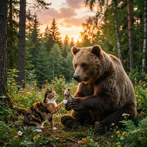 Serene Cat and Bear Friendship at Sunset