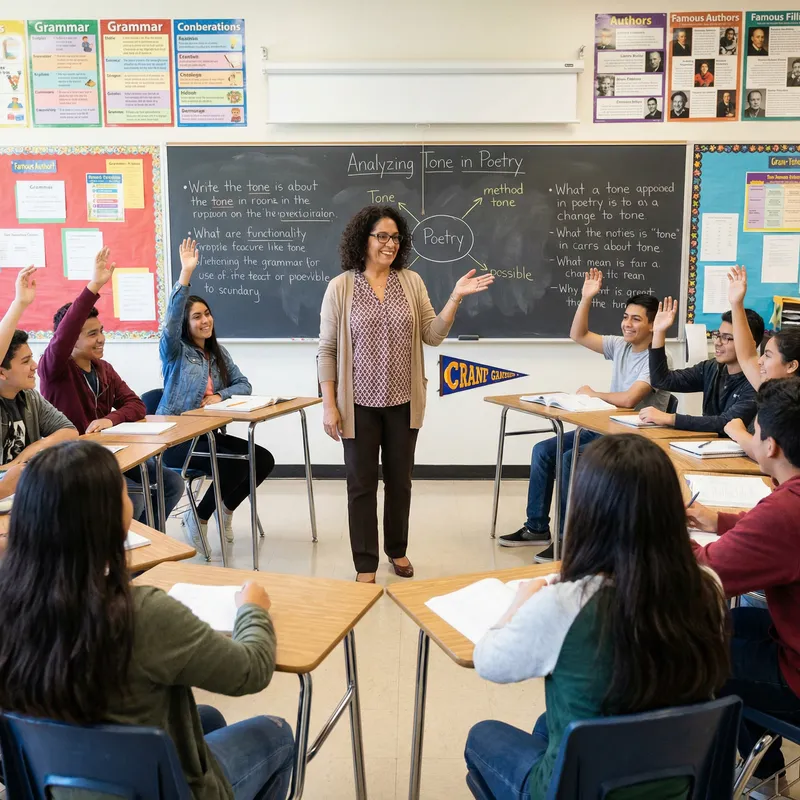 Inspiring Hispanic English Teacher Engaging Students in Interactive Classroom