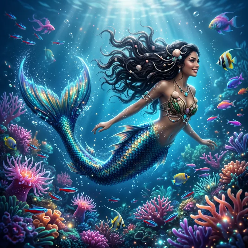 Surreal Underwater Mermaid Painting in Vibrant Fantasy Scene