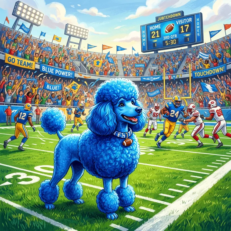 Vibrant Blue Poodle Strutting on Green Football Field Vibrant Blue Poodle Strutting on Green Football Field