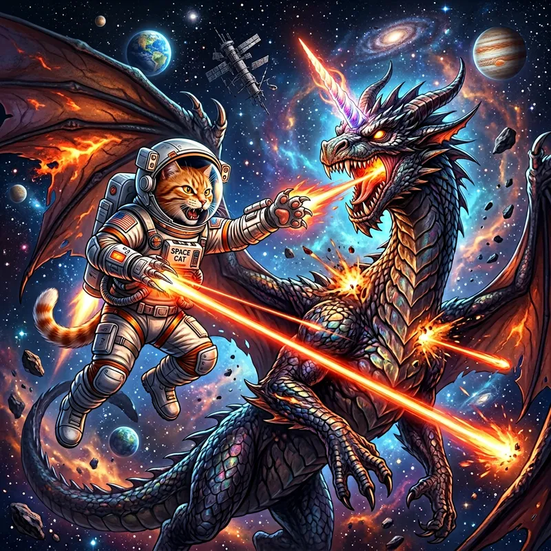 Cosmic Cat vs Dragon: A Laser Showdown