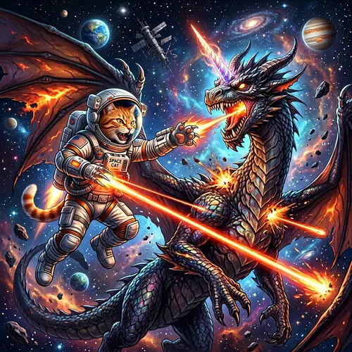 Cosmic Cat vs Dragon: A Laser Showdown