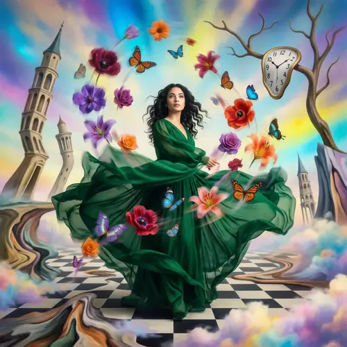 Surreal Composition of Woman in Flowing Gown with Flowers and Butterflies