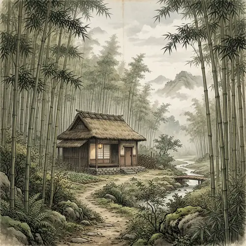 Tranquil Bamboo Forest & Traditional Hut in Ancient China