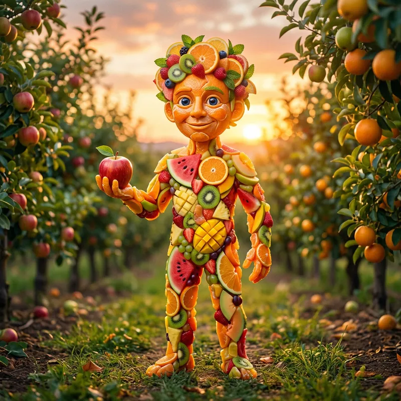Fruit Characters in Colorful Orchard Scene
