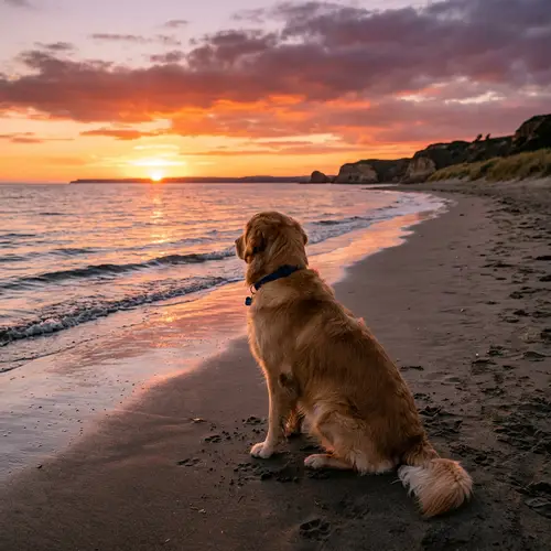 Adorable Golden Retriever Enchanted by Sunset on Tranquil Sandy Beach