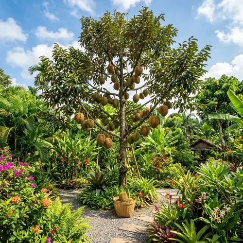 Lush Garden with Durian Tree | Vibrant Subtropical Plants