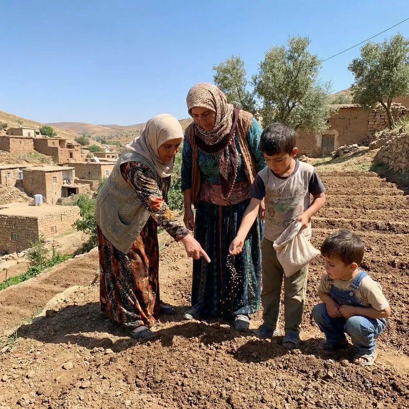 Mother and Sons Farming in Village