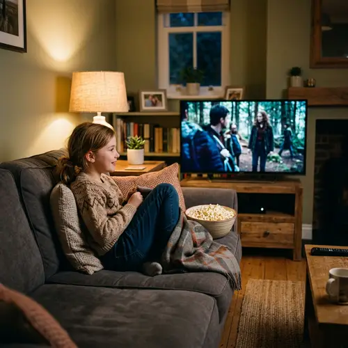 Girl Watching a Series in Cozy Living Room
