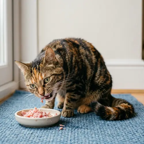 Adorable Domestic Cat Enjoying Delicious Ham - Cute Cat Image
