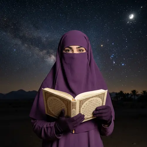 Stunning Muslim Woman in Purple Niqab and Quran