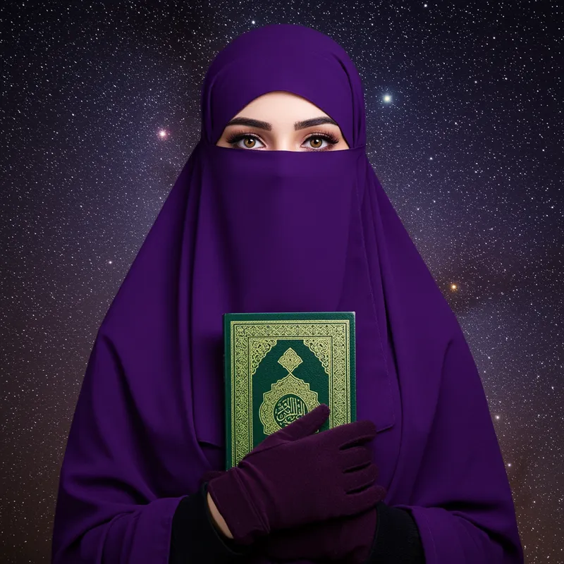 Stunning Muslim Woman in Purple Niqab and Quran