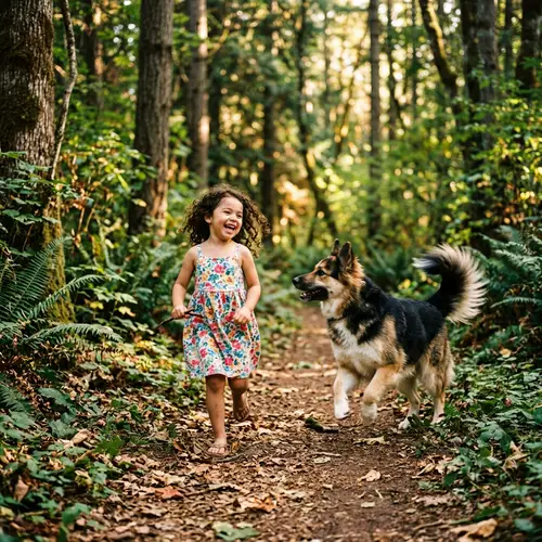 Cherubic Hispanic Girl & Friendly Shepherd Dog in Tranquil Forest