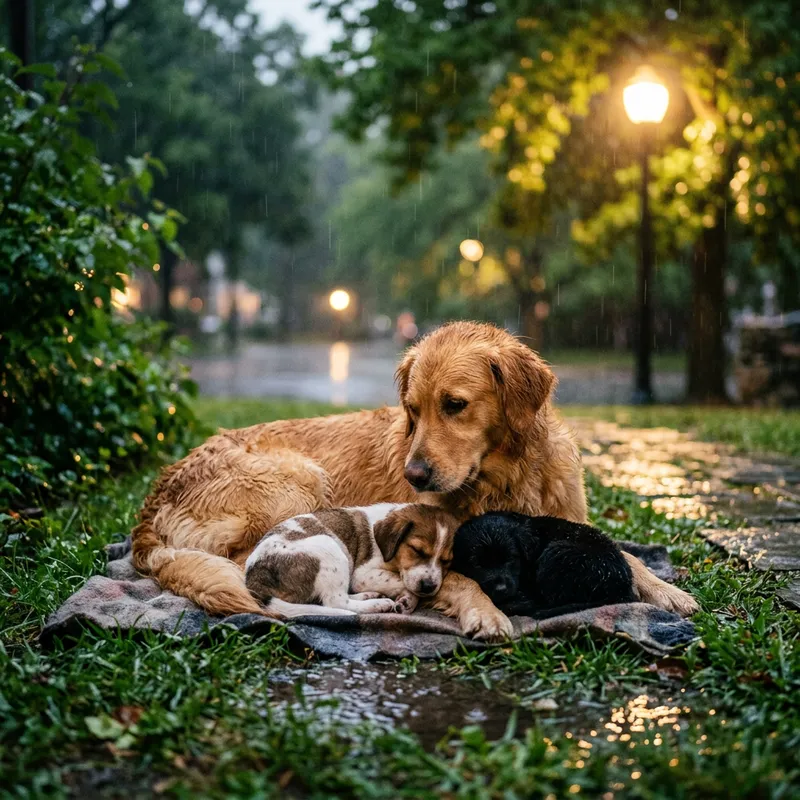 Adorable Puppies and Mother Dog Sheltering in Rain