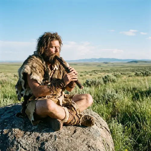 Caveman Playing Ancient Flute | Open Plains Landscape