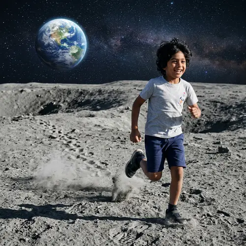 Young South Asian Boy Running on the Moon | Enchanting Scene
