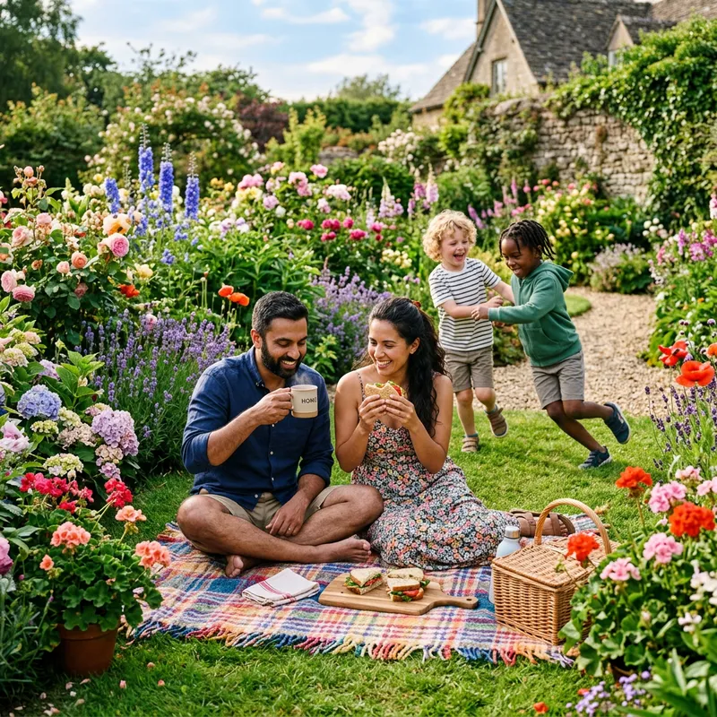 Multicultural Family Enjoying Coffee and Snacks in Blossoming Garden Oasis