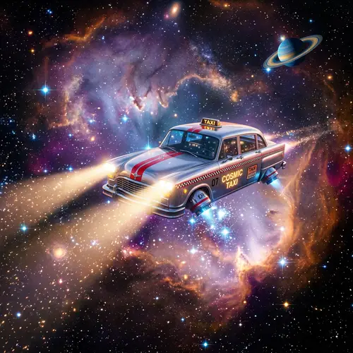 Cosmic Taxi: A Silver Red Car Soaring in Space