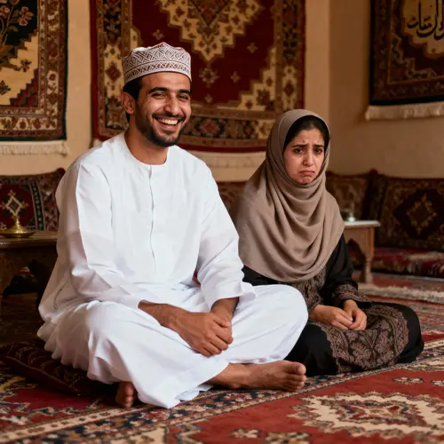 Joyful Omani Man and His Sad Wife - Cultural Portrait